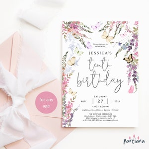 Butterfly Birthday Invitation Wildflower Enchanted Garden Party Invite Printable Editable Digital Download Template for Girls P256