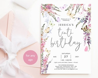 Butterfly Birthday Invitation Wildflower Enchanted Garden Party Invite Printable Editable Digital Download Template for Girls P256