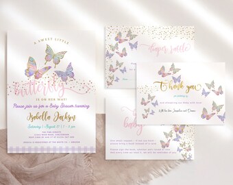 Lilac Butterfly Baby Shower Invitation Pack Printable Girl Party Invite Set with Inserts Editable Download Pastel Pink Gold Rainbow P87