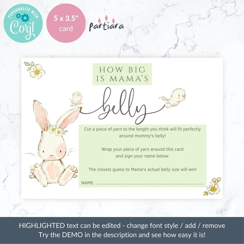 Bunny Baby Shower Games How Big is Mommy's Belly Sign and Notecard Set