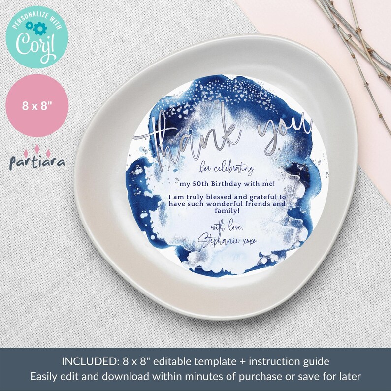 Blue Silver Plate Thank You Charger Card Printable Men or Etsy