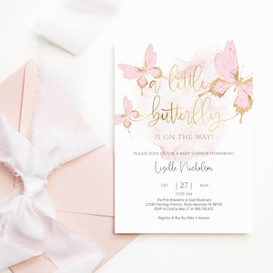 Little Butterfly Baby Shower Printable Invitation Girl&#39;s Blush Pink Gold Butterflies Party Invite Editable Download Template P293