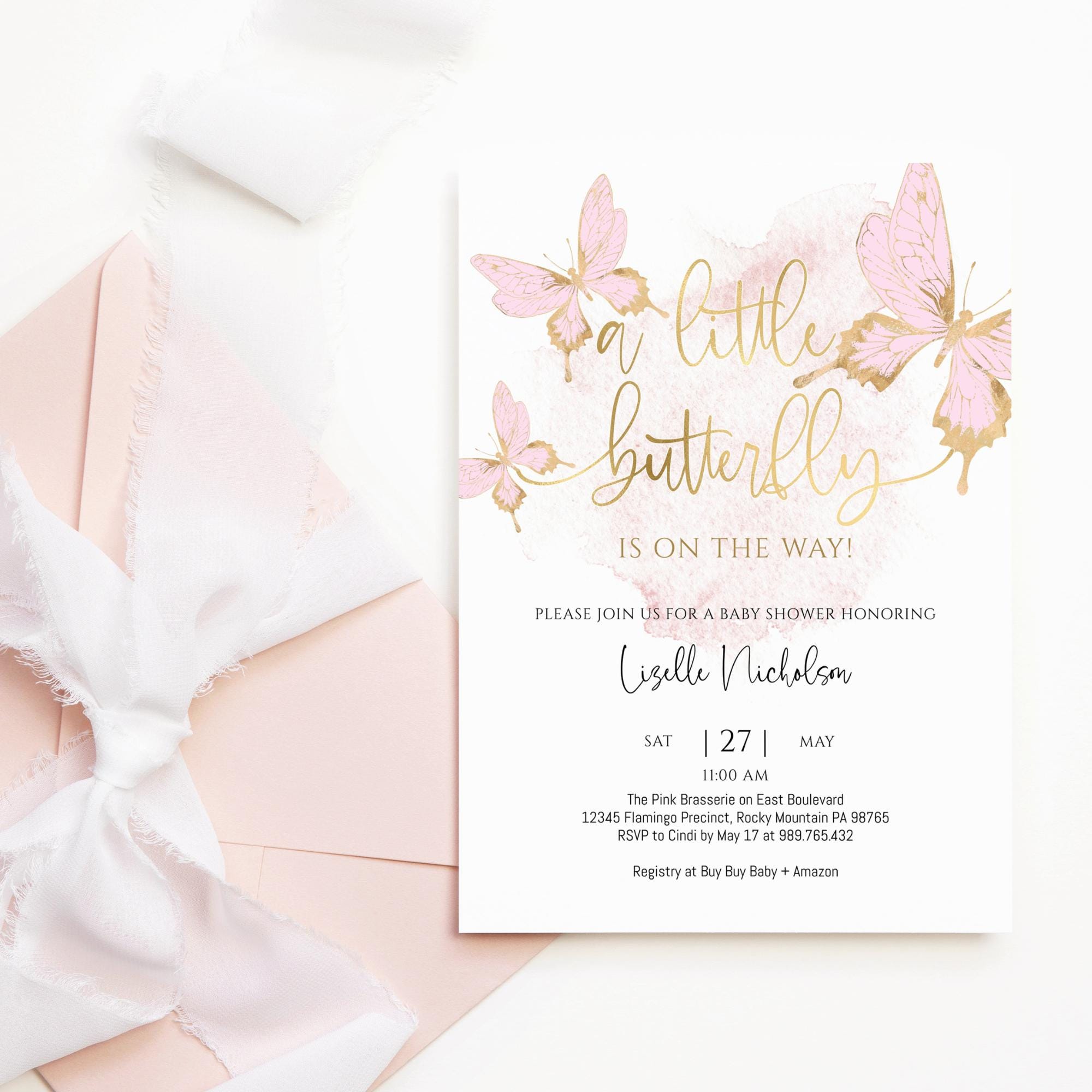 Little Butterfly Baby Shower Printable Invitation Girl's Blush Pink Gold Butterflies Party Invite Editable Download Template P293