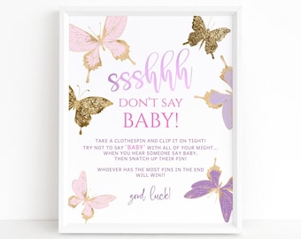 Don&#39;t Say Baby Game Editable Butterfly Baby Shower Games Sign Printable, Baby Girl Party Activity Clothespin Game, Pink Purple Gold Decor P6