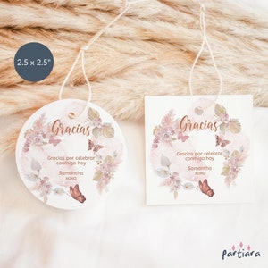 Spanisch Geburtstag Tag Schmetterling Party druckbar, Rose Gold 1. Geburtstag Favor Geschenke Danke Etikett Vorlage Rosa Blumendekor, bearbeitbar P171