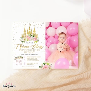 Modèle d'Invitation sa trinité royale, 3e anniversaire de princesse avec photo pour une fête d'anniversaire des filles, imprimable, décoration florale de château rose, modifiable P137