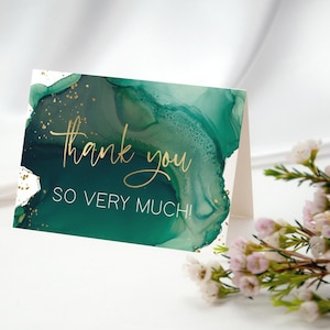 Green Thank You Card Template, Emerald Green Gold Birthday Party Notecards Printable, Ladies Bridal Shower Notes Editable Download P257