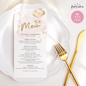 Roze menusjabloon, dinerfeestmenu's afdrukbaar, dinermenukaarten, damesbrunch tafeldecor, blush bloemen gouden ballonnen, bewerkbare P344