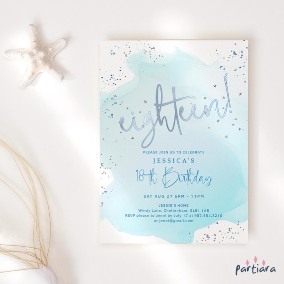 Pastel 18th Birthday Invite Digital Download, Girls Blue Silver Dinner Party Invitation Printable, Editable Template P458
