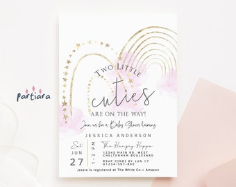 Boho Baby Shower Twin Girls Invite Printable Two Little Cuties Pastel Pink Gold Rainbow Decor Editable Digital Download Template P136