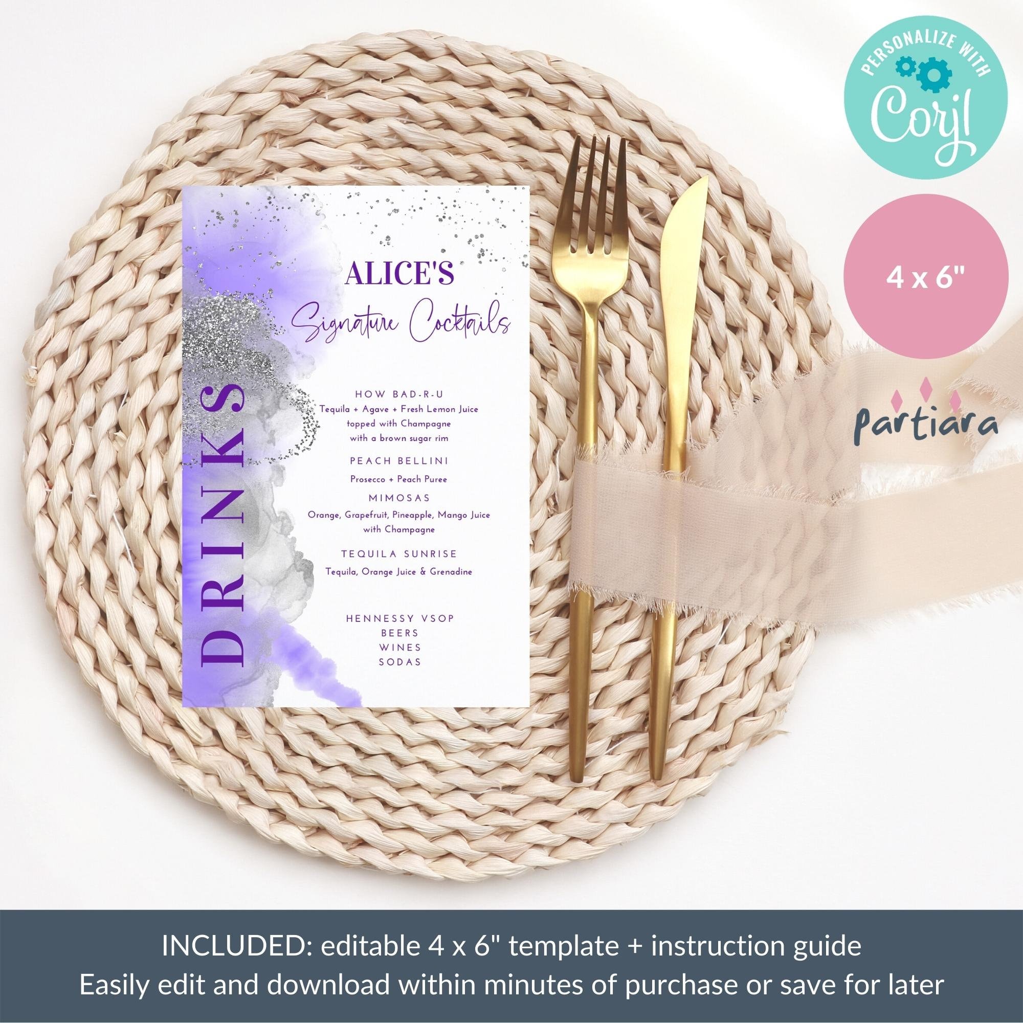 Editable Drinks Menu Template: Purple Signature Bar Menus for Ladies ...