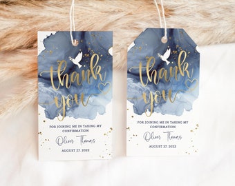 Boys Confirmation Party Gift Favor Tag Printable Navy Dusky Blue and Gold Thank You Label Editable Download Template P239 P132