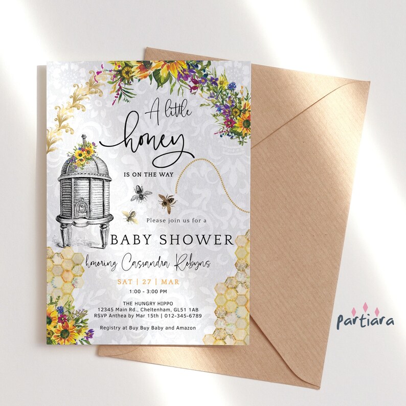 Honey Baby Invite A Little Bee Baby Shower Party Invitation Printable Purple Yellow Gold Decoration Editable Digital Download