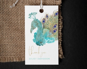 Peacock Favor Tag Template, Bridal Shower Thank You Party Tags Printable, Ladies Birthday Events Labels, Editable Digital Download P83