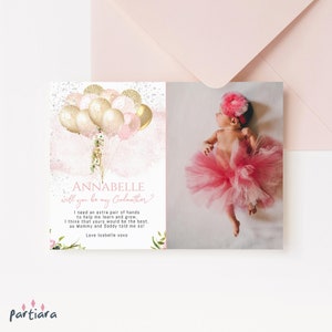Cartão de proposta de madrinha, cartão de padrinhos de batismo de meninas para impressão, balões boho rosa dourados, modelo digital editável para download P344