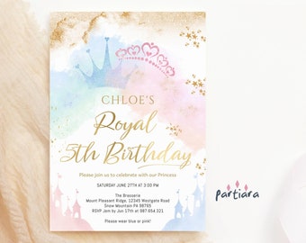 Girl 5th Birthday Princess Invitation Printable Pastel Pink Gold Fairytale Crown Party Invite Editable Digital Download Template P137