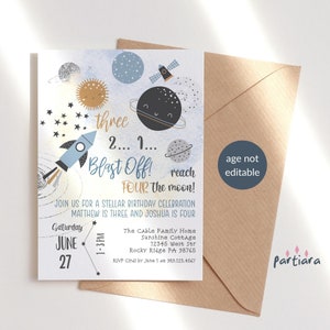 Reach Four the Moon 4th Birthday Invitation Template for Boys, 3-2-1 Blast Off Outer Space Party Invite Printable Editable Download P166