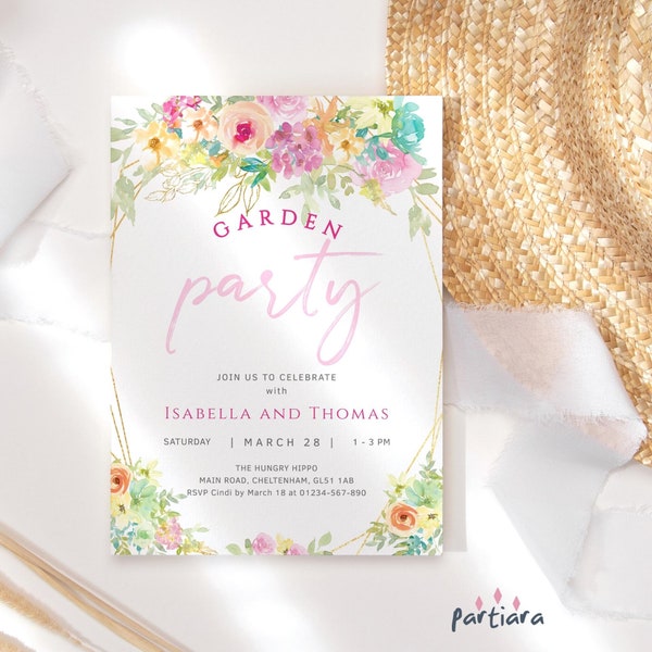 Editable Garden Party Invitation Spring Floral Teen Girls Brunch Invite Template Pastel Rainbow Gold Decor Printable Digital Download P310