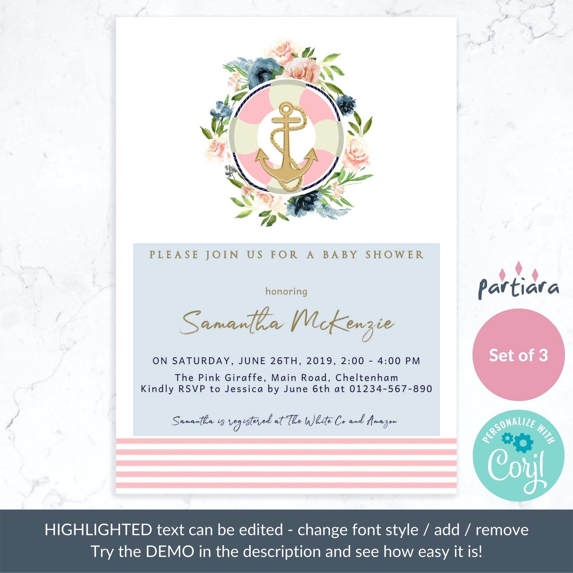 Gold Anchor Baby Shower Invitation Pack Editable Girl Nautical Floral
