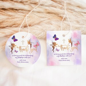 Fee Taufe Tag Danke Favor Geschenke Druckbare, Mädchen 1. Geburtstag Schmetterling Gartenparty Label Bearbeitbare Digital Download Vorlage P676