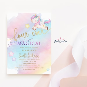 Modèle magique d&#39;invitation de 4e anniversaire de licorne, invitation de fête licornes arc-en-ciel pastel pour filles, téléchargement modifiable et imprimable P179