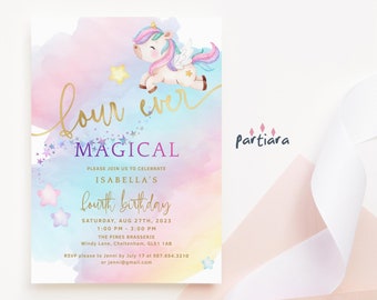 Four Ever Magical Invite 4th Birthday Party Invitation Printable Girls Unicorn Rainbow Pastel Ombre Decor Editable Digital Download P179