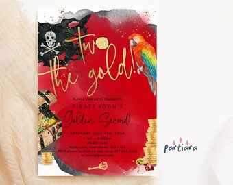 Two the Gold 2nd Birthday Pirates Themed Party Invitation Editable Template, Boy's Golden Lucky Party Invite Printable, Red Gold Decor P758