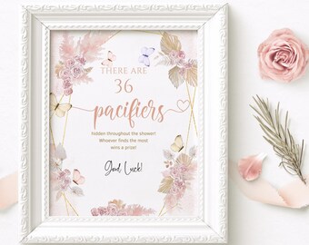 Boho Pacifier Game Sign Template, Girls Baby Shower Butterfly Floral Party Table Poster Printable, Pastel Pink Pampas Decor, Editable P171