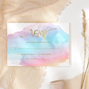 Plantilla de tarjeta RSVP arcoíris, invitación imprimible para RSVP de cumpleaños, eventos pastel para niñas o damas, descarga digital editable P179