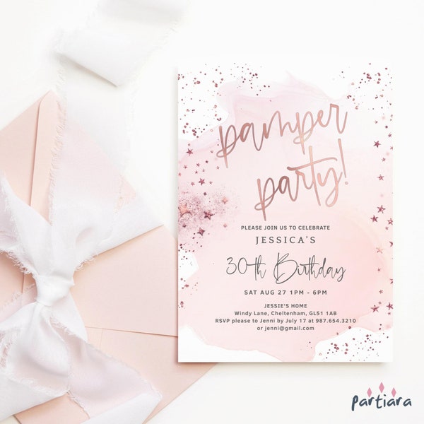 Pamper Party Invitation Printable Ladies Birthday Pampering Spa Day Invite Editable Digital Download Template Pastel Pink Rose Gold P458