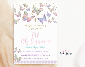 Girls First Communion Invite, Pastel Butterflies Holy Communion Invitation, Pink Lilac Gold Butterfly Party Decor, Editable Download P87