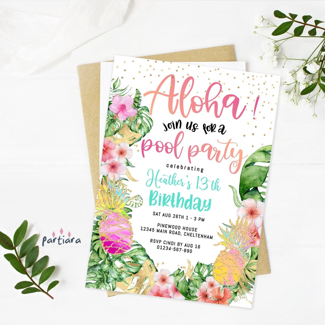 Aloha Pool Party Invitation Tropical Birthday Invites Teen | Etsy