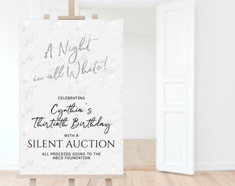 A Night in All White Party Welcome Sign Board Printable Editable Whites and Silver Dinner Welcome Poster Decor 24x36 Template Download P245