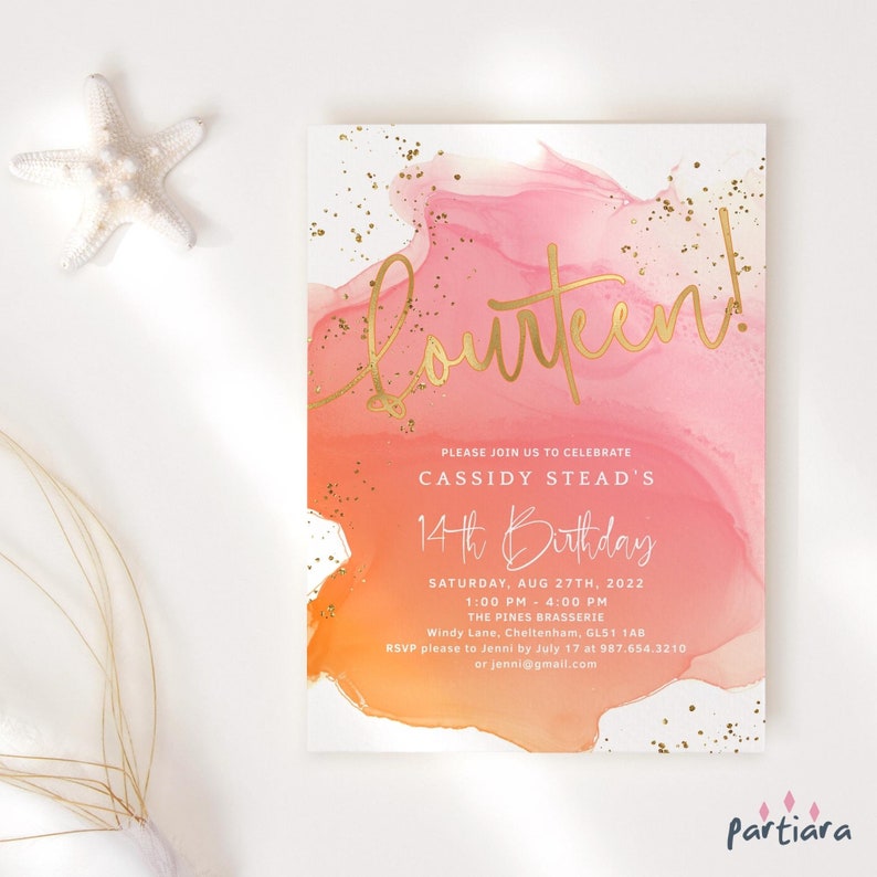 Girls 14th Birthday Invite Digital Download, Summer Party Invite Template, Pink Orange Peach Decor, Editable Card P722 image 1