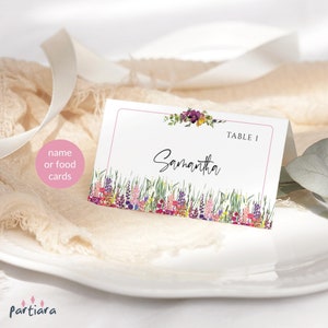 Modelo de cartão de lugar de aniversário, cartões de nome de festa floral para impressão, tendas de comida de mesa para eventos de festa de jardim de primavera ou verão, editável P621