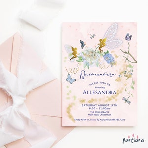 Blush Quinceanera Invite Fairy Enchanted Woodland Party Invitations Blue Gold Floral Butterfly Decoration Printable Editable Download P204