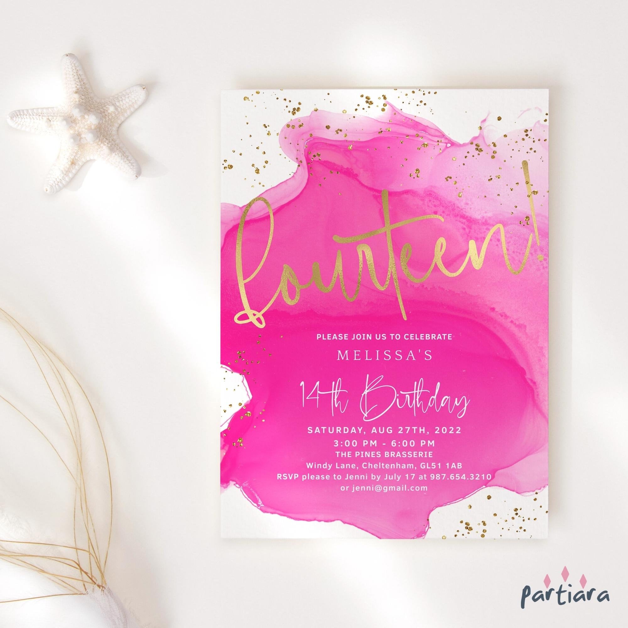Pink 14th Birthday Invitation, Girl Turning Fourteen Party Invite Printable, Hot Pinks Gold Decor, Editable Digital Download P200 - Etsy free-and-printable-birthday-invitation-templates-canva