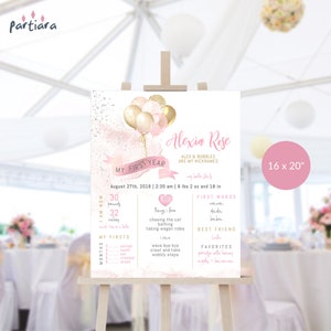 Modelo de gráfico de marcos de aniversário rosa de 1º aniversário, pôster de estatísticas de nascimento de primeiro ano para meninas, decoração para impressão, balões dourados pastéis, download editável P344