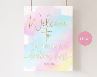 Pastel Rainbow Birthday Welcome Sign Printable Baby Girl's 1st Party Poster Editable 18x24 Template Ombre Pink Blue Sky Decor P179