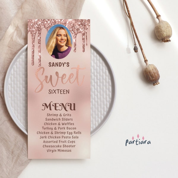 Rose Gold Sweet 16th Birthday Party Menus DIY Printable Editable Template, Gold Glitter Dripping Ombre Decor, Slim Photo 4x9 Menu P506