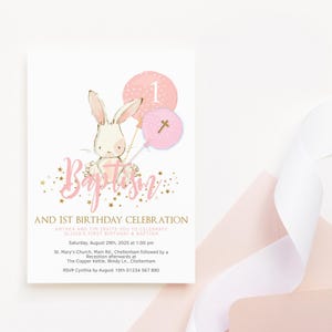 Modello di invito per battesimo a forma di coniglietto, invito stampabile per il primo compleanno e il battesimo di una bambina, biglietto con palloncino rosa, download digitale modificabile P20