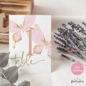 Rosa Schmetterling Tischnummer Kartenvorlage, Mädchen Geburtstag Taufe oder Babyparty Dekor Printable Bearbeitbar Download P293