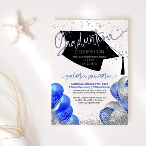 Blue Graduation Invite Template, Royal Blue Grad Bash Invite Printable, Silver Dinner Party Balloons Decor, Editable Digital Download P247