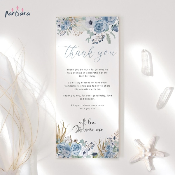 Bohemian Birthday Thank You Card Party Table Welcome Notecards Printable Ladies Bridal or Baby Shower Decor Pastel Blue Floral Editable P172
