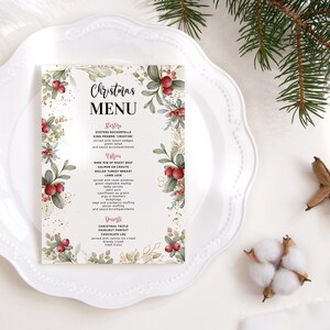 Modèle de carte de menu de Noël modifiable, menus de fête de déjeuner de Noël, carte de menu de Table baies de houx imprimable, téléchargement numérique P743