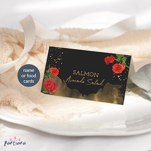 Modèle de marque-place Rose rouge, cartes de visite pour dîner d'anniversaire imprimables, étiquettes de tente de nourriture de Table en or noir, décoration de dîner modifiable à télécharger P210