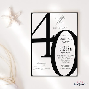 Mens 40th Birthday Invitation Template, Black and White 40 Dinner Party Invite Printable, Editable Digital Download Card P853