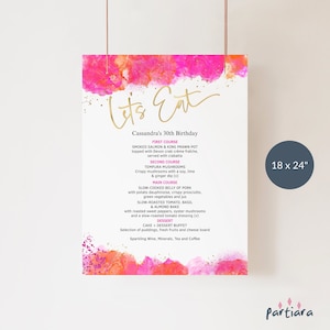Modèle de signe de menu d'anniversaire, affiche de menu de brunch pour dames imprimable, douche nuptiale tropicale, décoration orange rose vif, téléchargement modifiable P200