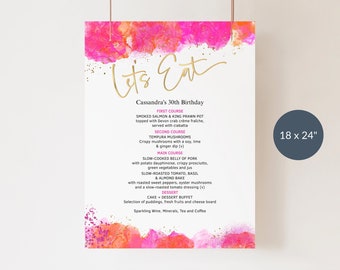 Geburtstags-Menü Schild Vorlage, Damen Brunch Menü Poster druckbare, Tropische Brautdusche Hot Pink Orange Dekor, bearbeitbare Download P200