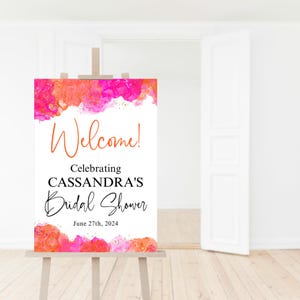 Modèle de plaque de bienvenue, fête d'anniversaire des filles, décoration d'affiche de bienvenue pour la douche nuptiale rose fuchsia Orange, téléchargement A1 modifiable P200